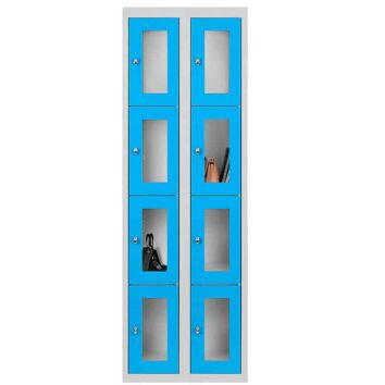 Vestiaire multicases à 8 casiers bleu avec portes en plexiglass, idéal pour rangement sécurisé.