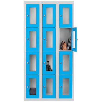 Vestiaire multicases bleu avec 12 casiers ESSENTIEL PLEXIGLASS, idéal pour rangement sécurisé.