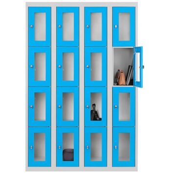 Vestiaire multicases bleu avec 16 casiers en plexiglass, idéal pour le rangement sécurisé au bureau.
