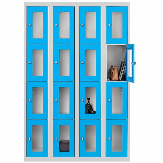 Vestiaire multicases bleu avec 16 casiers en plexiglass, idéal pour le rangement sécurisé au bureau.