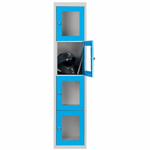 Vestiaire multicases à 4 casiers ESSENTIEL PLEXIGLASS bleu, porte ouverte révélant un casque à l'intérieur.