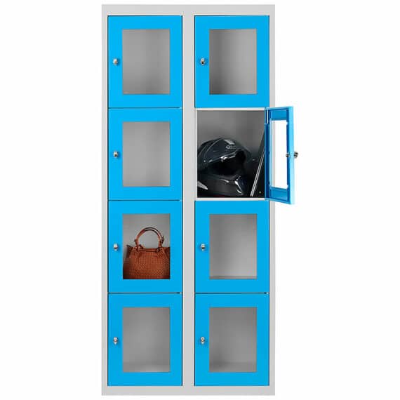 Vestiaire multicases bleu avec 8 casiers en plexiglass, un casier ouvert contenant un casque et un sac.