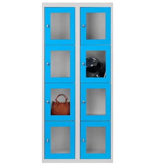 Vestiaire multicases avec 8 casiers bleu et portes en plexiglass, idéal pour le rangement sécurisé.