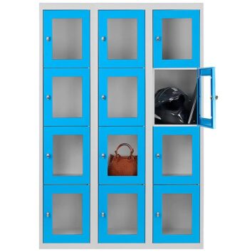 Vestiaire multicases à 12 casiers bleu avec portes en plexiglass, idéal pour sécuriser vos effets personnels.