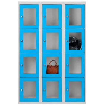 Vestiaire multicases avec 12 casiers bleu, portes en plexiglass transparent, idéal pour rangement sécurisé.