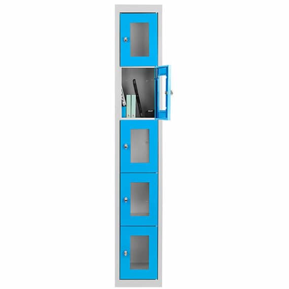 Vestiaire multicases bleu avec cinq casiers plexiglass ouverts, idéal pour rangement sécurisé.