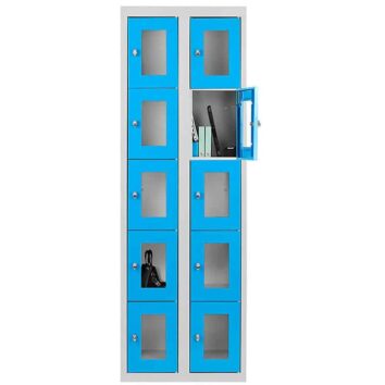 Vestiaire multicases bleu avec 10 casiers en plexiglas. Pratique pour le rangement sécurisé et visible.