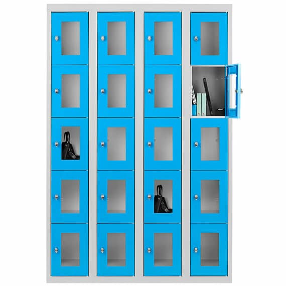 Vestiaire multicases bleu avec 20 casiers en plexiglas, idéal pour rangement sécurisé et moderne.