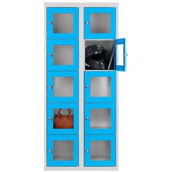 Vestiaire multicases avec 10 casiers en plexiglass bleu, idéal pour le rangement sécurisé.