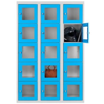 Vestiaire multicases avec 15 casiers en plexiglass bleu, idéal pour rangement sécurisé et visible.
