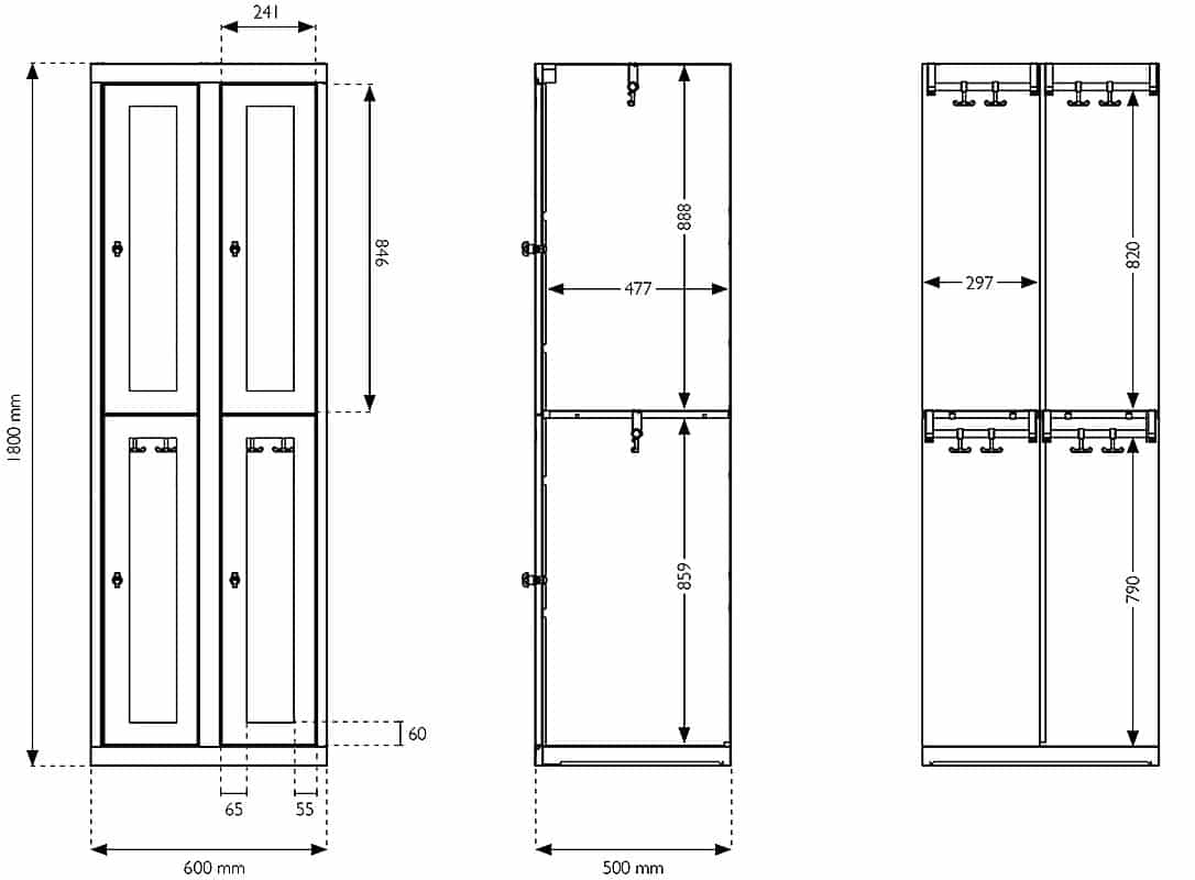 Plan détaillé du vestiaire multicases à 4 casiers ESSENTIEL PLEXIGLASS, dimensions et mesures incluses.
