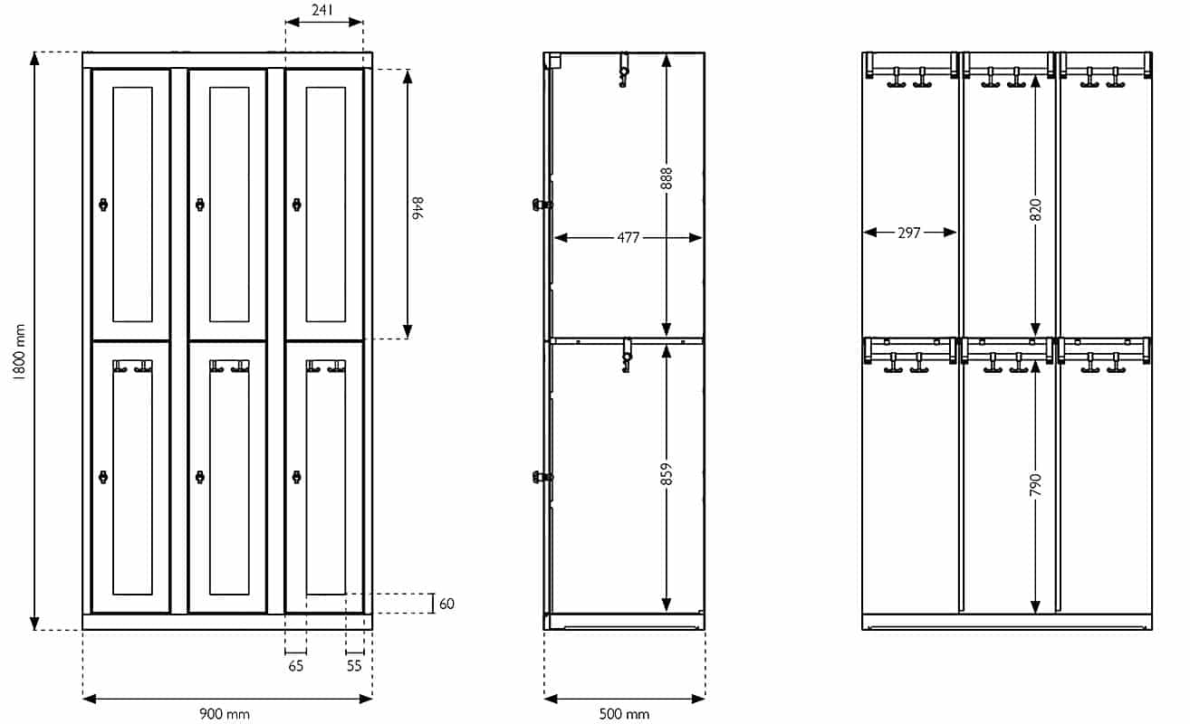 Schéma technique du vestiaire multicases 6 casiers ESSENTIEL PLEXIGLASS, dimensions et détails en mm.