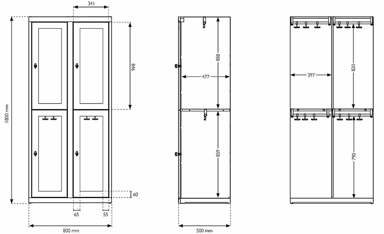Plan technique du vestiaire multicases ESSENTIEL avec 4 casiers en plexiglass, dimensions détaillées.