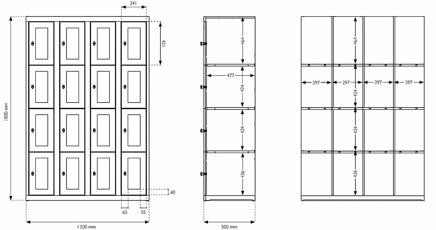 Schéma du vestiaire multicases à 16 casiers ESSENTIEL PLEXIGLASS, dimensions détaillées L120.
