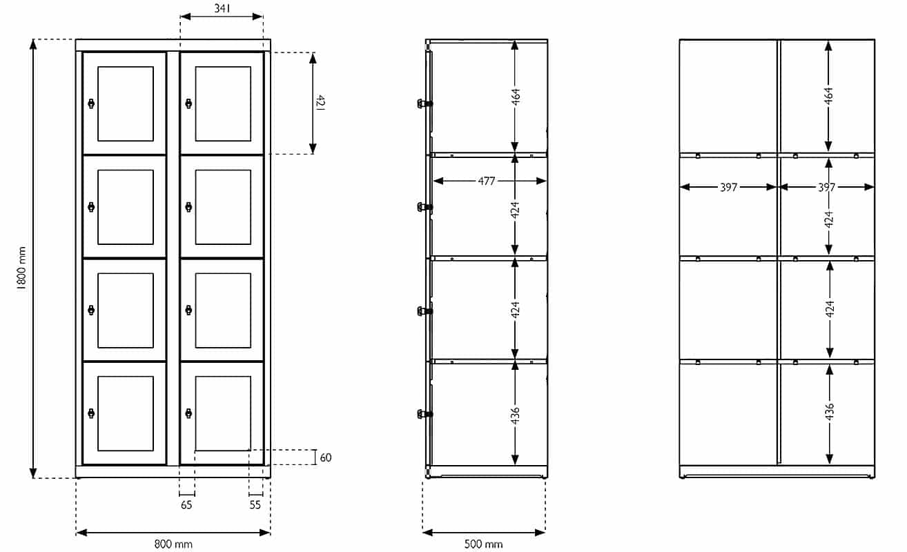 Schéma technique d'un vestiaire multicases avec 8 casiers en plexiglass, dimensions détaillées L80 cm.