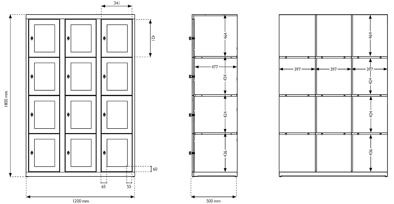 Dimensions du vestiaire multicases 12 casiers ESSENTIEL PLEXIGLASS, L1200, vue technique détaillée.