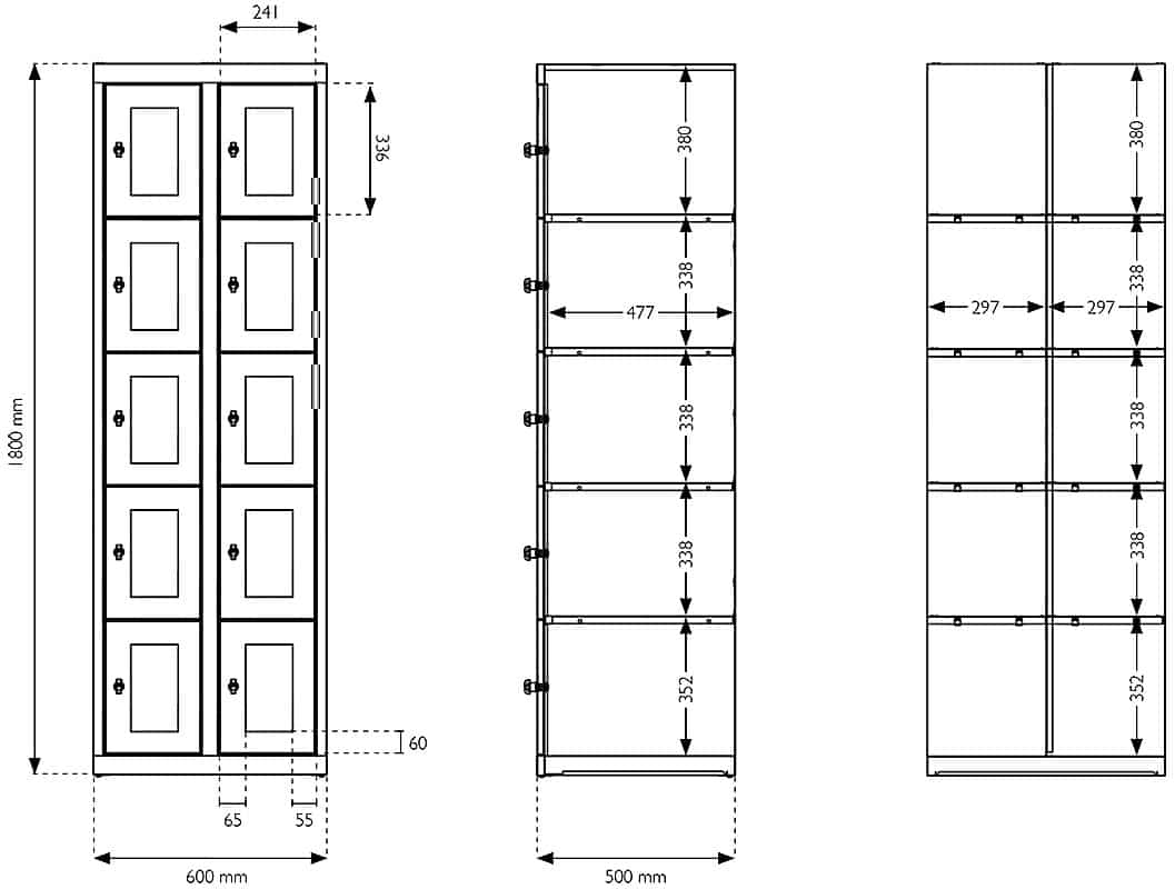 Schéma technique du vestiaire multicases avec 10 casiers en plexiglass, dimensions détaillées L60.