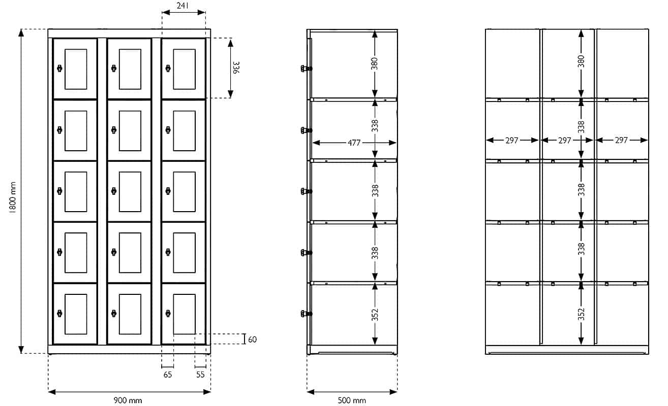 Schéma du vestiaire multicases ESSENTIEL PLEXIGLASS, 15 casiers, dimensions L90 x H1590 mm.