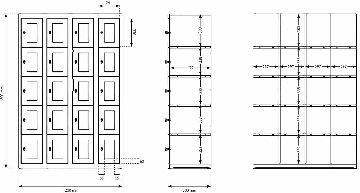 Plan technique d'un vestiaire multicases de 20 casiers en plexiglass, dimensions L120 cm, avec mesures détaillées.