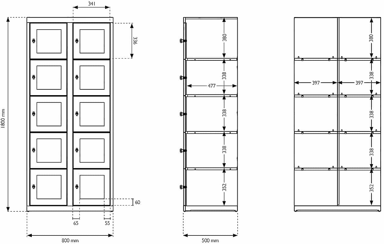 Schéma technique du vestiaire multicases à 10 casiers ESSENTIEL PLEXIGLASS, dimensions précises incluses.