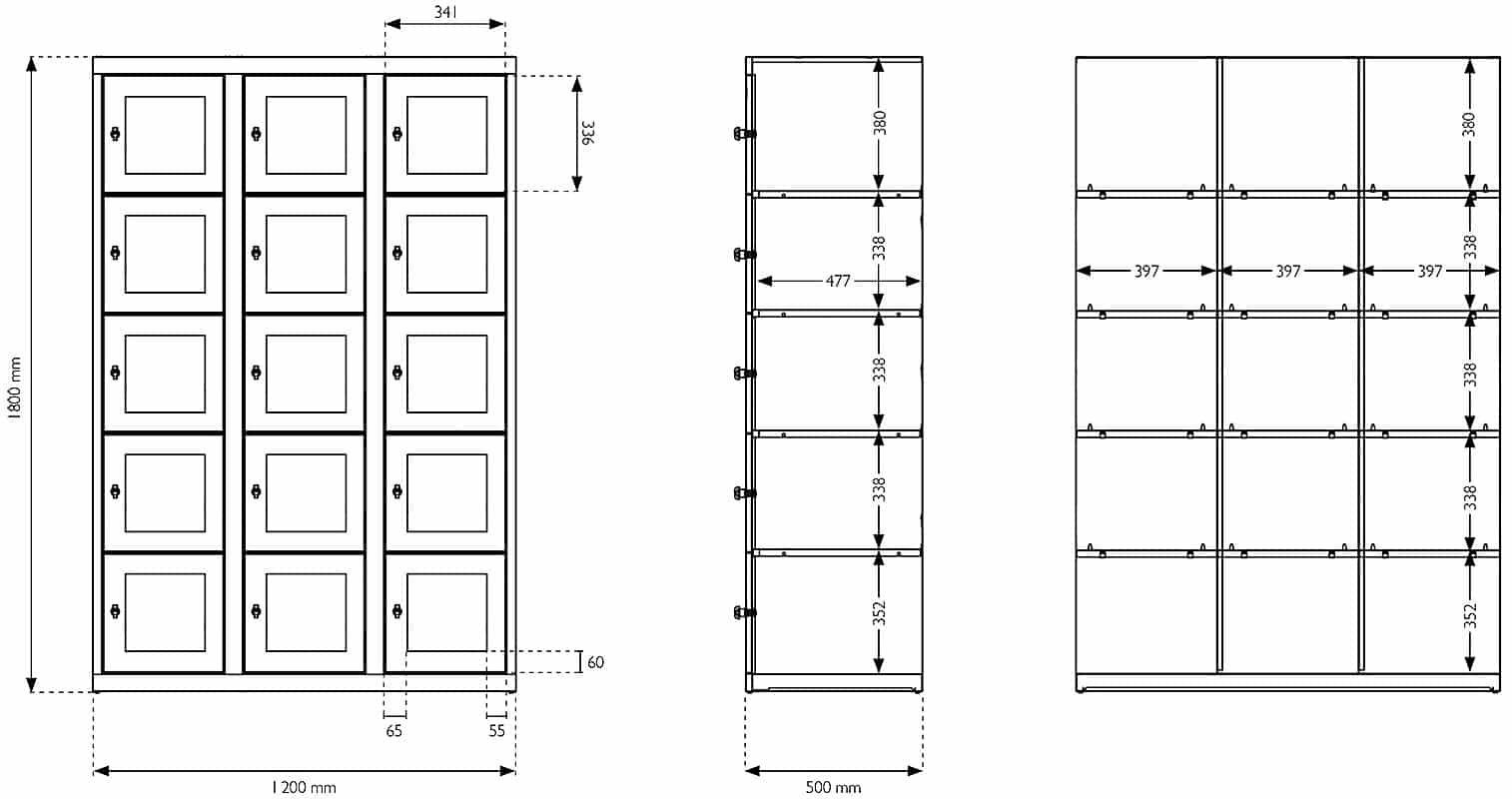 Dimension-CMEP543 Schéma technique d'un vestiaire multicases avec 15 casiers en plexiglass, dimensions précises indiquées.