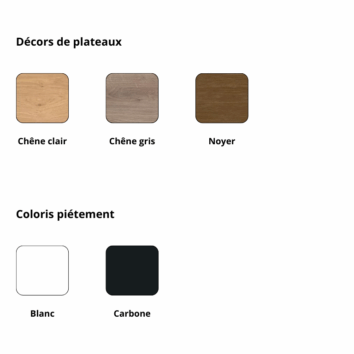 Décors de plateaux Stelenco avec finitions en chêne clair, chêne gris, et noyer. Coloris piétement: blanc et carbone.