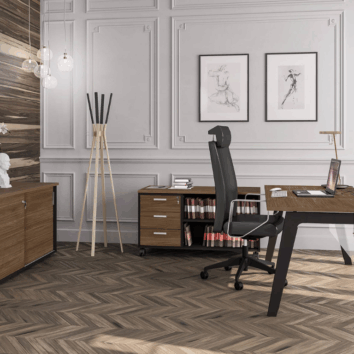 Bureau moderne Gamme Stelenco en noyer et carbone avec chaise ergonomique, meuble de rangement et décoration murale.