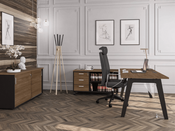 Bureau moderne Gamme Stelenco en noyer et carbone avec chaise ergonomique, meuble de rangement et décoration murale.