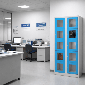 Vestiaire multicases avec 10 casiers en plexiglass bleu, idéal pour le rangement sécurisé.