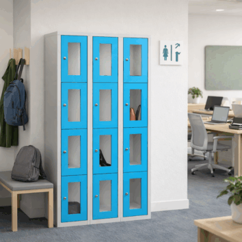 Vestiaire multicases bleu avec 12 casiers ESSENTIEL PLEXIGLASS, idéal pour rangement sécurisé.