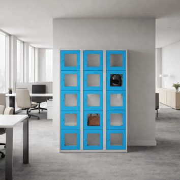 Vestiaire multicases avec 15 casiers en plexiglass bleu, idéal pour rangement sécurisé et visible.