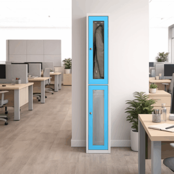 Vestiaire multicases 2 casiers essentiel plexiglass bleu avec porte transparente, idéal pour rangement sécurisé.