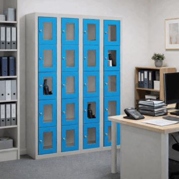 Vestiaire multicases bleu avec 20 casiers en plexiglas, idéal pour rangement sécurisé et moderne.