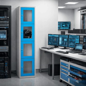 Vestiaire multicases à 4 casiers ESSENTIEL PLEXIGLASS bleu, porte ouverte révélant un casque à l'intérieur.