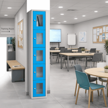 Vestiaire multicases bleu avec cinq casiers plexiglass ouverts, idéal pour rangement sécurisé.