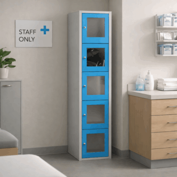 Vestiaire multicases bleu avec 5 casiers plexiglass, idéal pour le rangement sécurisé et organisé.