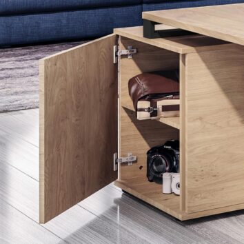 Bureau manager de la gamme Urbanova avec espace de rangement ouvert, finitions bois claires.