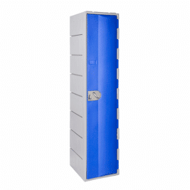 Casier en polyéthylène bleu TOPP avec une porte, hauteur 181 cm, idéal pour le rangement sécurisé.