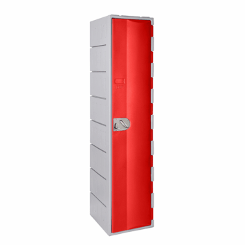 Casier en polyéthylène rouge TOPP, une porte, hauteur 181 cm, idéal pour rangement sécurisé.