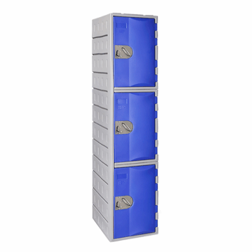 Casier en polyéthylène bleu à trois portes, modèle TOPP, hauteur 181 cm, robuste et fonctionnel.