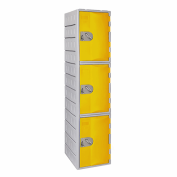Casier polyéthylène TOPP à 3 portes jaunes, hauteur 181 cm, robuste et moderne pour rangement sécurisé.