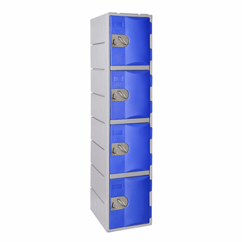 Casier en polyéthylène TOPP, 4 portes, hauteur 181 cm, couleur bleu. Idéal pour le rangement sécurisé.