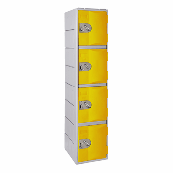 Casier en polyéthylène jaune à quatre portes, hauteur 181 cm. Idéal pour rangement sécurisé et pratique.