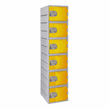 Casier en polyéthylène TOPP avec six compartiments jaunes, hauteur 181 cm, idéal pour le rangement sécurisé.