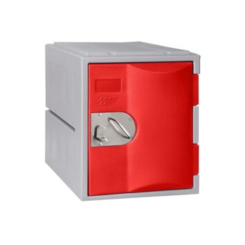 Casier polyéthylène TOPP rouge avec porte et moraillon pour cadenas, H.46 cm, robuste et pratique.