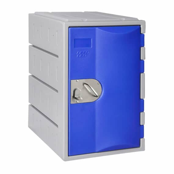 Casier en polyéthylène bleu et gris, modèle TOPP, avec une porte, hauteur 61 cm.