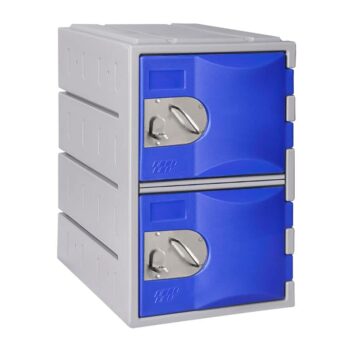 Casier en polyéthylène bleu à deux portes, hauteur 61 cm. Design robuste et moderne, idéal pour le rangement.