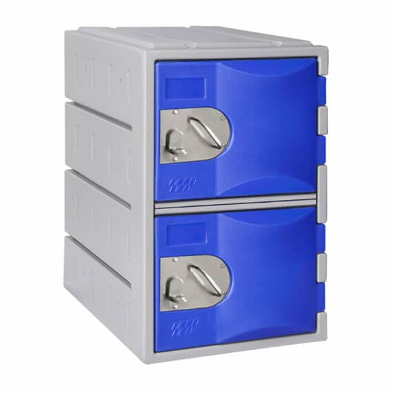 Casier en polyéthylène bleu à deux portes, hauteur 61 cm. Design robuste et moderne, idéal pour le rangement.