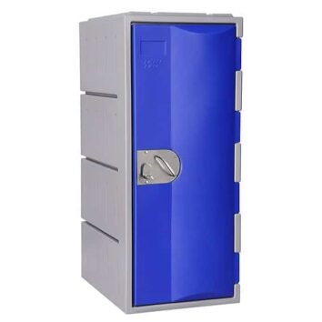 Casier en polyéthylène bleu avec porte unique, hauteur 91 cm. Robuste et pratique pour rangement sécurisé.