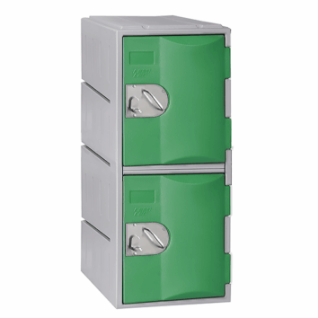 Casier en polyéthylène vert avec deux portes, hauteur 91 cm, robuste et pratique pour le rangement.